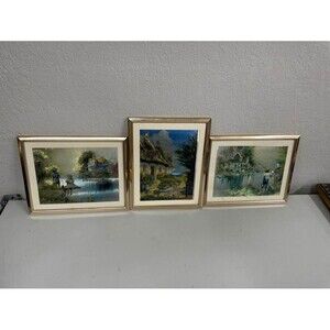 Set 3 Blue Foil Etching Reflective Trees House Kids Water Fishing Art 3D Framed